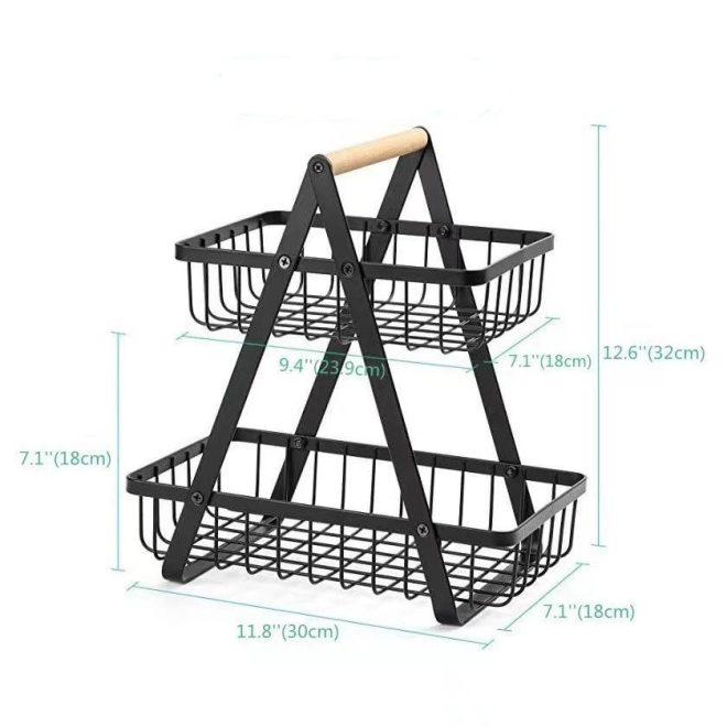 Two-Tier Metal Vegetable Drainage Storage Rack, Fruit Draining Basket with Handles - Image 2