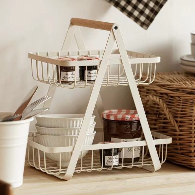 Two-Tier Metal Vegetable Drainage Storage Rack, Fruit Draining Basket with Handles - Image 3