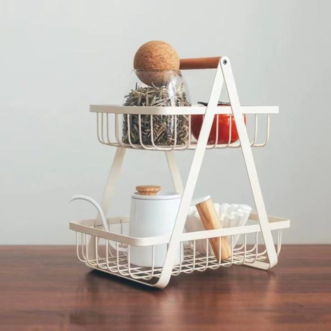 Two-Tier Metal Vegetable Drainage Storage Rack, Fruit Draining Basket with Handles - Image 4
